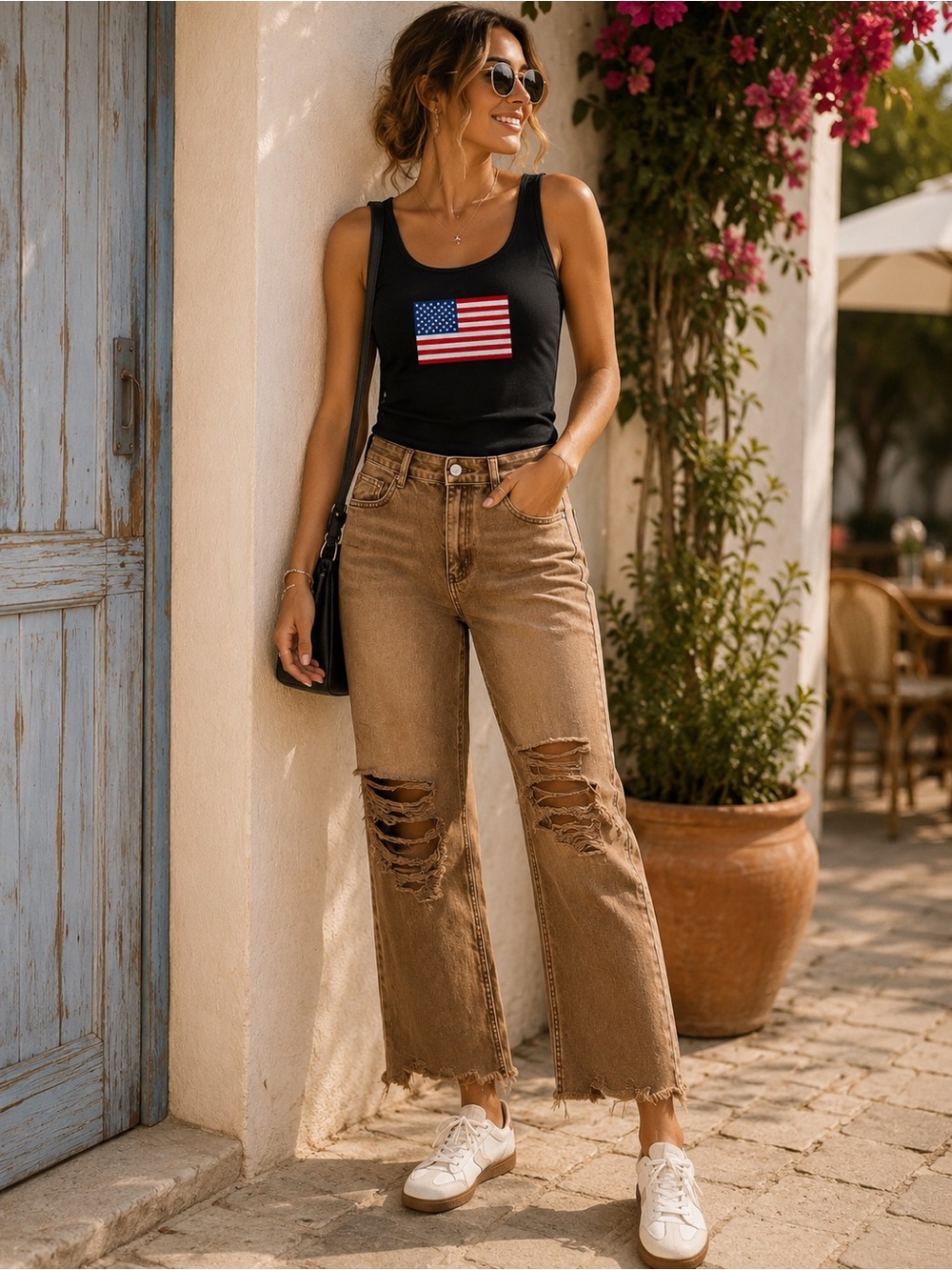 Zenana Outfitters Brown Distressed Wide-Leg Jeans - Picture 2 of 12